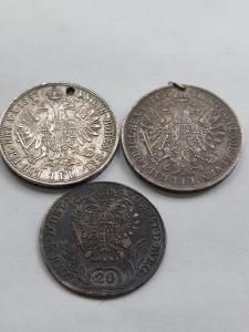 3 Stříbrný Mince 2x zlatník 1887 1858A, 1x 20 krejcar Leopold 1791 B
