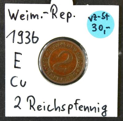 2 reichspfennig, 1936 Značka mincovny "E" – Muldenhütten/ Mince (o9/1)