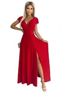 Numoco 411-2 CRYSTAL trblietavé dlhé šaty s výstrihom - červené