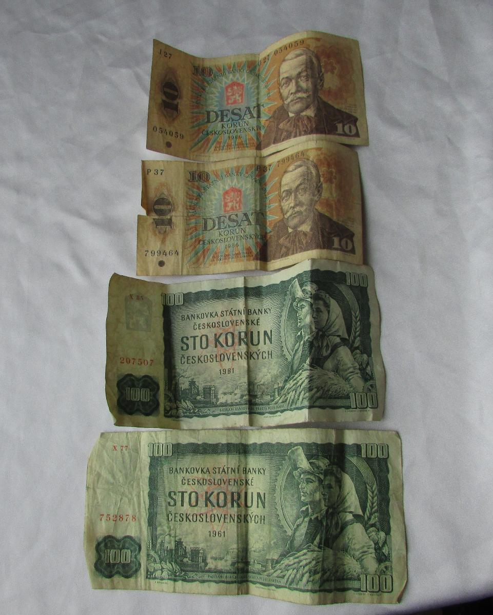 dve stokorunáky z roku 1961 + dve desaťkorunáčky z roku 1986 - Bankovky