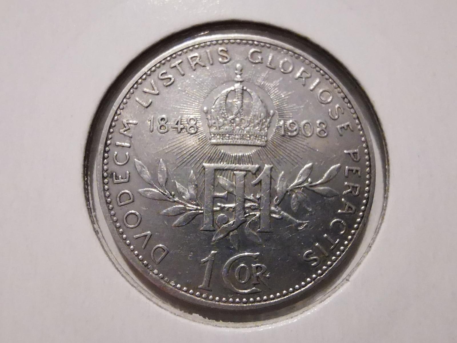 Strieborná 1 koruna 1908 bz – 60. výročie panovania Františka Jozefa I. - Numizmatika