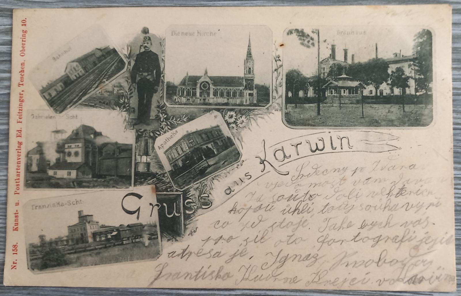 Karviná - bane - Francziska šachta - stanica - lekáreň - 1899 - Pohľadnice miestopis