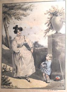 První taneční lekce - akvarel - r.1835- Francie? dítě s vychovatelkou
