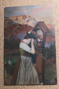 Dívka s hráběmi - Alpy - Rakousko ? - alpská krajina - obraz olej