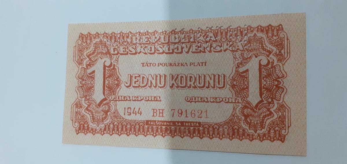 Československa 1 koruna rok 1944 unc - Bankovky