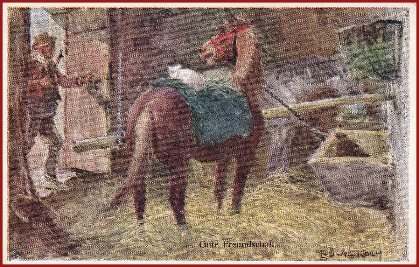 Kone (zvieratá) * stajňa, ľudia, umelecké, sign. Ludwig Koch * M1920 - Pohľadnice