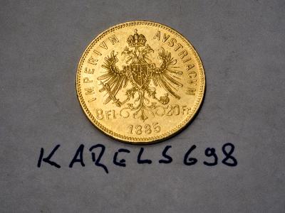 Rakouský 8 Zlatník/20 Frank 1885 BZ, František Josef I., KRÁSNÝ STAV