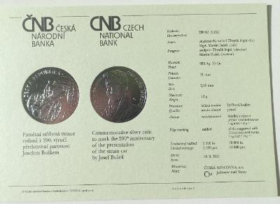 Certifikát: Pamětní mince 200kč / představení parovozu Josefem Brožkem