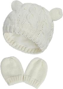 E47 Kojenecká teplá zimní čepice + rukavičky  (bílá, 3-6 měsíců)