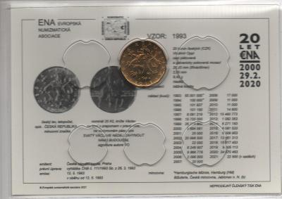 20 Kč 1998 UNC s jubilejní kartou (2021) v blistru ENA a kapse Lindner