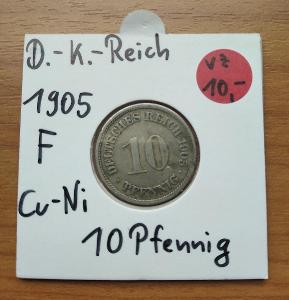 Německo, Deutsches Reich, 10 Pfennig, 1905, Mincovna F
