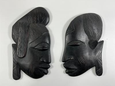 Staré párové dřevěné AFRICKÉ MASKY - hlava černošky - AFRIKA dekorace