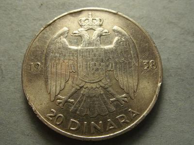 Jugoslávia (KRÁLOVSTVÍ) - 20 DINARA z roku 1938 - STŘÍBRO