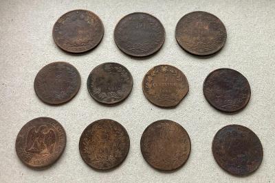 11 starých mincí, Itálie, Francie, 19.století od KORUNKY!