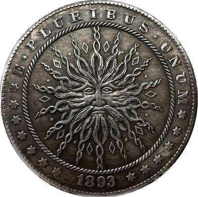 Mince z roku 1893 s motivem pohanského boha slunce