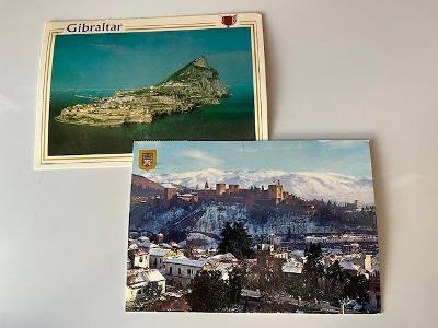 2xbarev.pohlednice Granada a Gibraltar, prošlé poštou vč. známek,1995