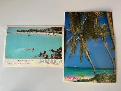 2xbarev.pohlednice Jamaica,Antigua, prošlé poštou vč. známek,1989