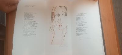 Grafika Oto Janček, báseň a podpis Jaroslav Seifert