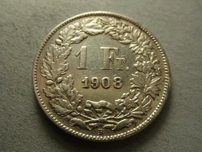 Švýcarsko, 1 Frank z roku 1908 B - Stříbro 