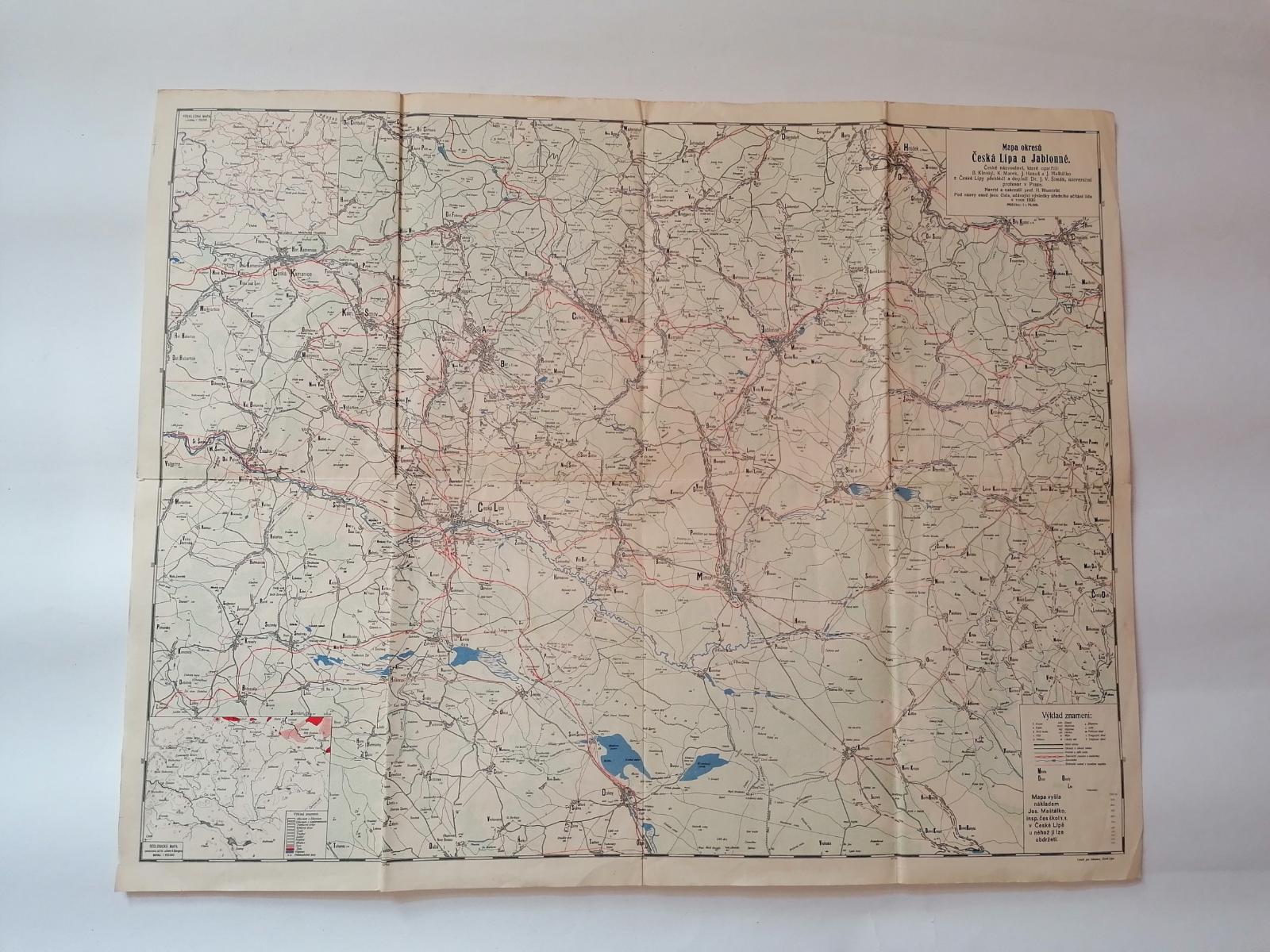 Mapa okresov Česká Lípa a Jablonné, 1:75.500. r.1930, výklad znamenia - Staré mapy a veduty