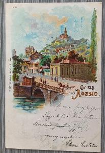 Ústí nad Labem - Aussig - malovaný - hezký záběr - most, koně  - 1898