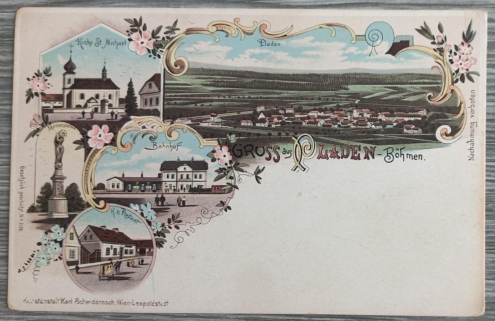 Blatno - Pladen - okr. Louny - krásne litho - stanica - pošta - 1900 - Pohľadnice miestopis