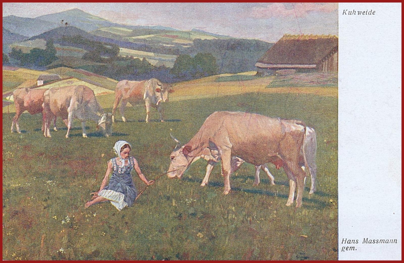 Kravy (zvieratá) * dievča, pastva, krajina, sign. Massmann * M3627 - Pohľadnice