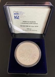 Strieborná medaila s motívom zlatej mince 100 mil. Kč vzor 2019