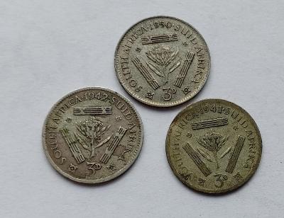 Südafrika - 3 x 3 Pence 1950, 1942, 1941. Ag