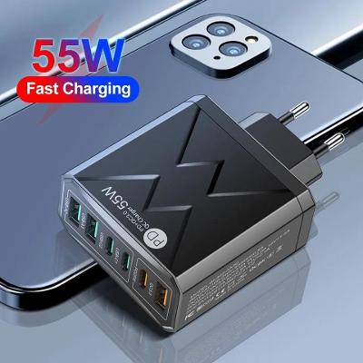 Rýchlonabíjací adaptér | 55 W • 6x port | USB + USB C • Čierna