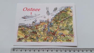 pohlednice Německo Rostock Ostsee malovaná mapa moře lodě