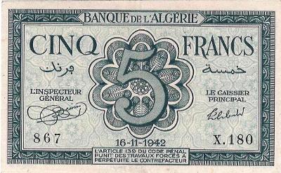 Alžírsko, 5 franků, 16.11.1942, P 91, VF