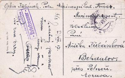 Rakousko, námořní polní pošta Pula 1917, špitál- Bohdalov (Žďár n. S.)