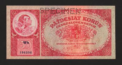 ČESKOSLOVENSKO - 50 koruna, 1929  *  serie Wb - SPECIMEN - stav UNC