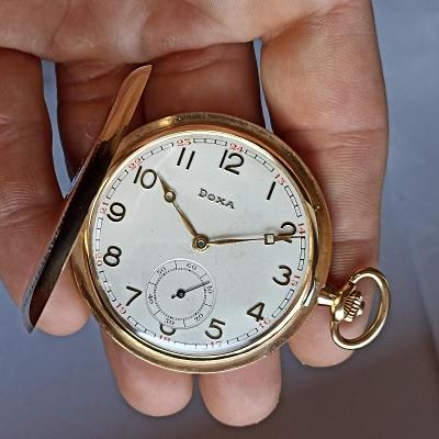DOXA 14K celozlaté art-deco pěkné tříplášťové pánské hodinky