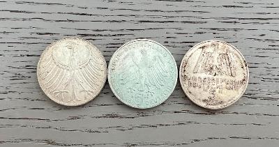 Ag stříbrné mince 5 Marek Německo 1971, 1972, 1977 - 3 ks 