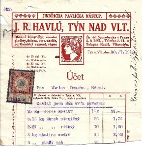Část firemního účtu, 1913, J.R.Havlů, koloniál, Týn n/Vlt., Březí
