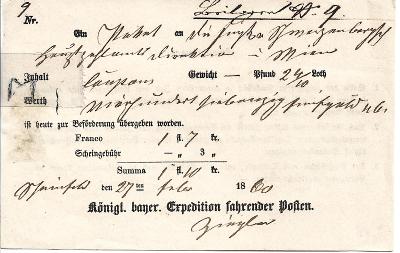 Podací lístek na zásilku bavorskou jízdní poštou, 1860, Vídeň