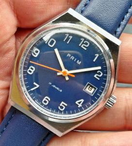 Československé mechanické vintage retro hodinky PRIM Modré z 80. rokov