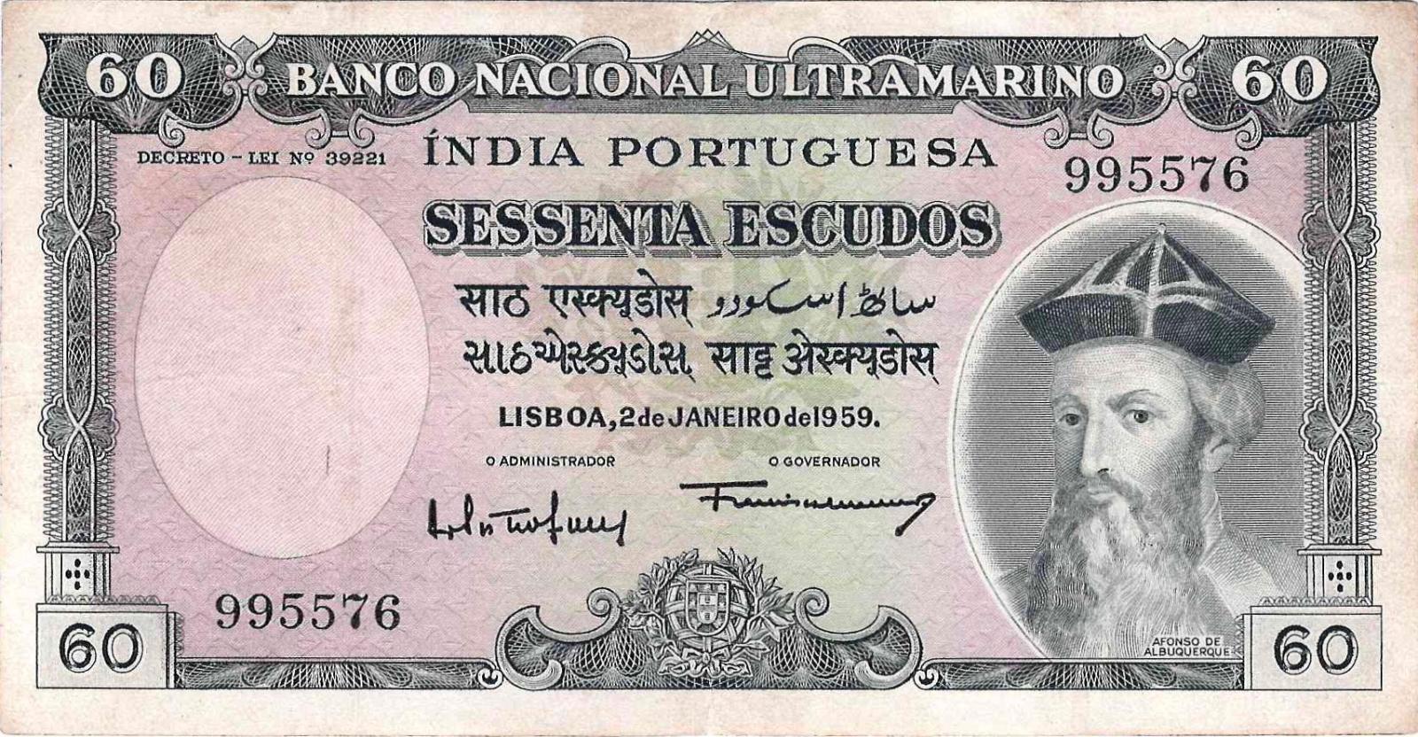 Portugalská India, 60 Escudos, 2.1.1959, Pick 42, VF - Zberateľstvo