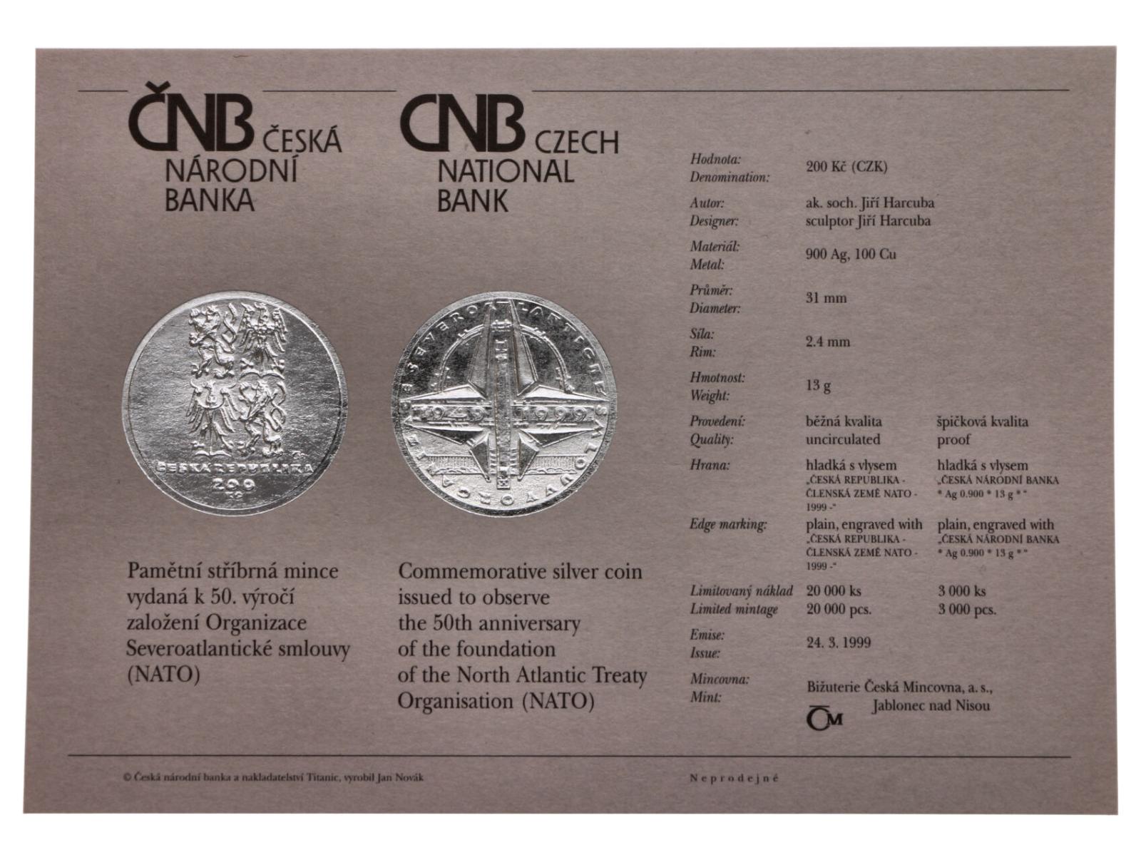 Mincový certifikát k 200 Kč 1999 50. výročie založenia NATO - Numizmatika