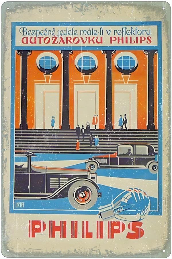 plechová ceduľa - autožiarovka Philips - ČESKÁ reklama z roku 1928 - Auto-moto