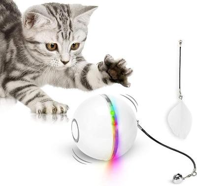 Kočičí robotická hračka s LED světlem a pírkem, bílá