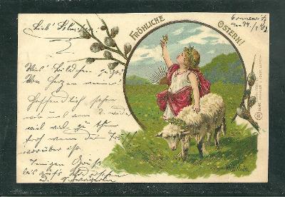 Radostne Velikonoce - Devcatko s oveckou- Tlacene Litho ca 1902