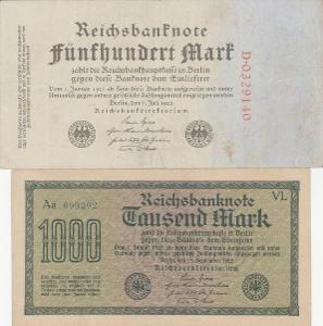 Německo, 500+1000 marek,1922, Pick 74a, 76e, VF, 2 ks
