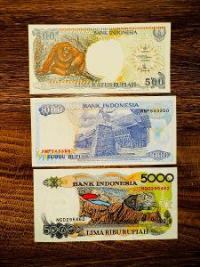 INDONEZE, 3 ks set 500, 1000, 5000 Rupiah 1992, UNC