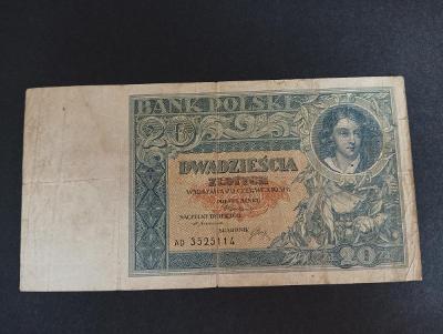 Bankovka Polsko 20 zlotych 1931, platila na území ČSR