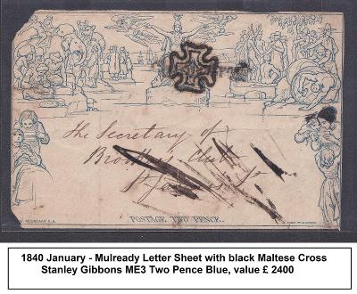 Mulready 1840 sheet, Two Pence Blue, černý Maltézský kříž