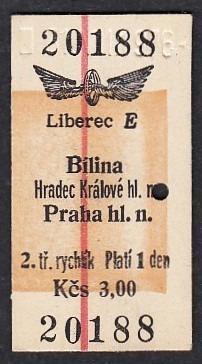 LEPENKOVÁ JÍZDENKA ČSD LIBEREC REŽIJNÍ RELACE BÍLINA PRAHA HL. N. 1976