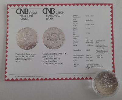 200 Kč - Strieborná minca, výročie založenia organizácie Sokol + certifikát